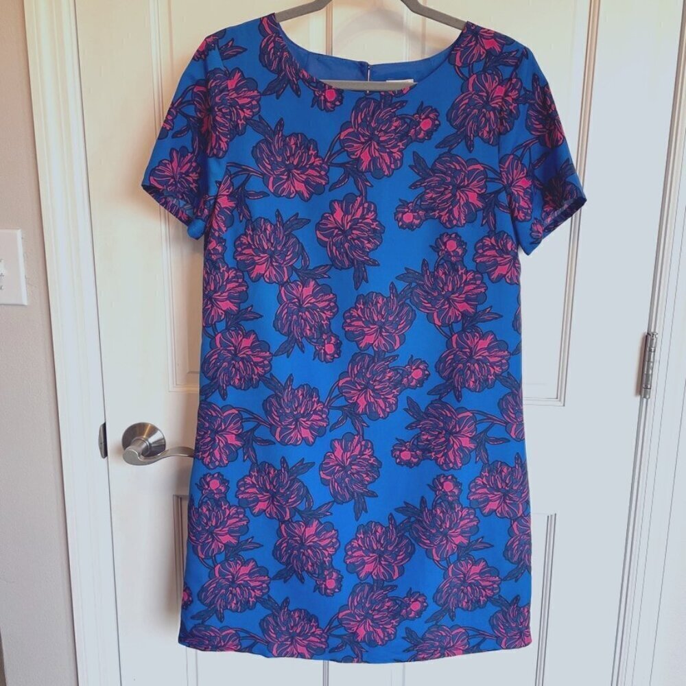 J. Crew Short Sleeve Sheath Dress Blue Pink Floral Lined Size 8